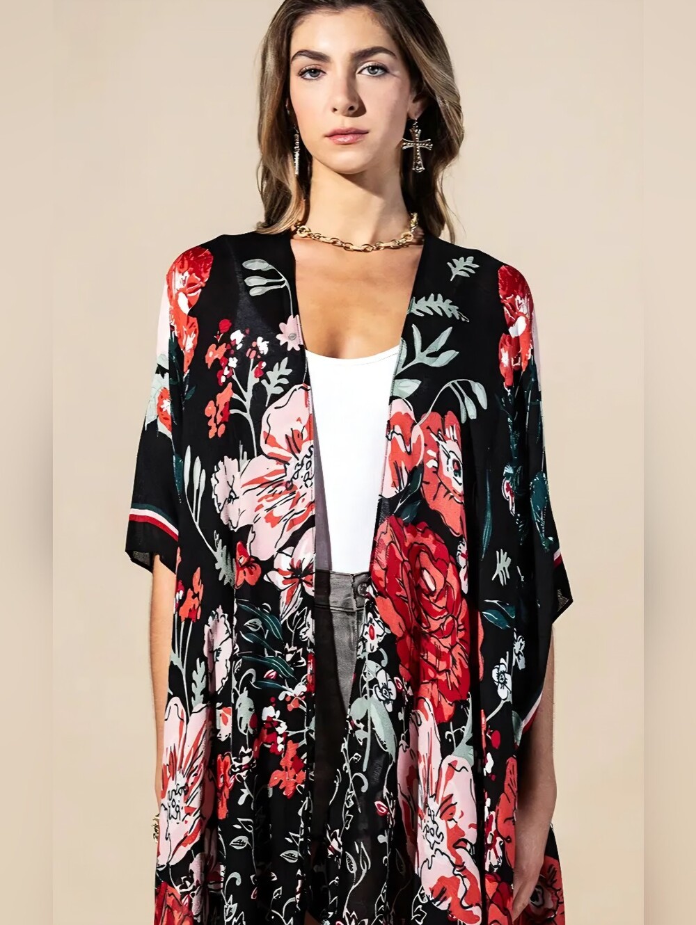 Floral Black Kimono Duster with Red & Pink Blooms